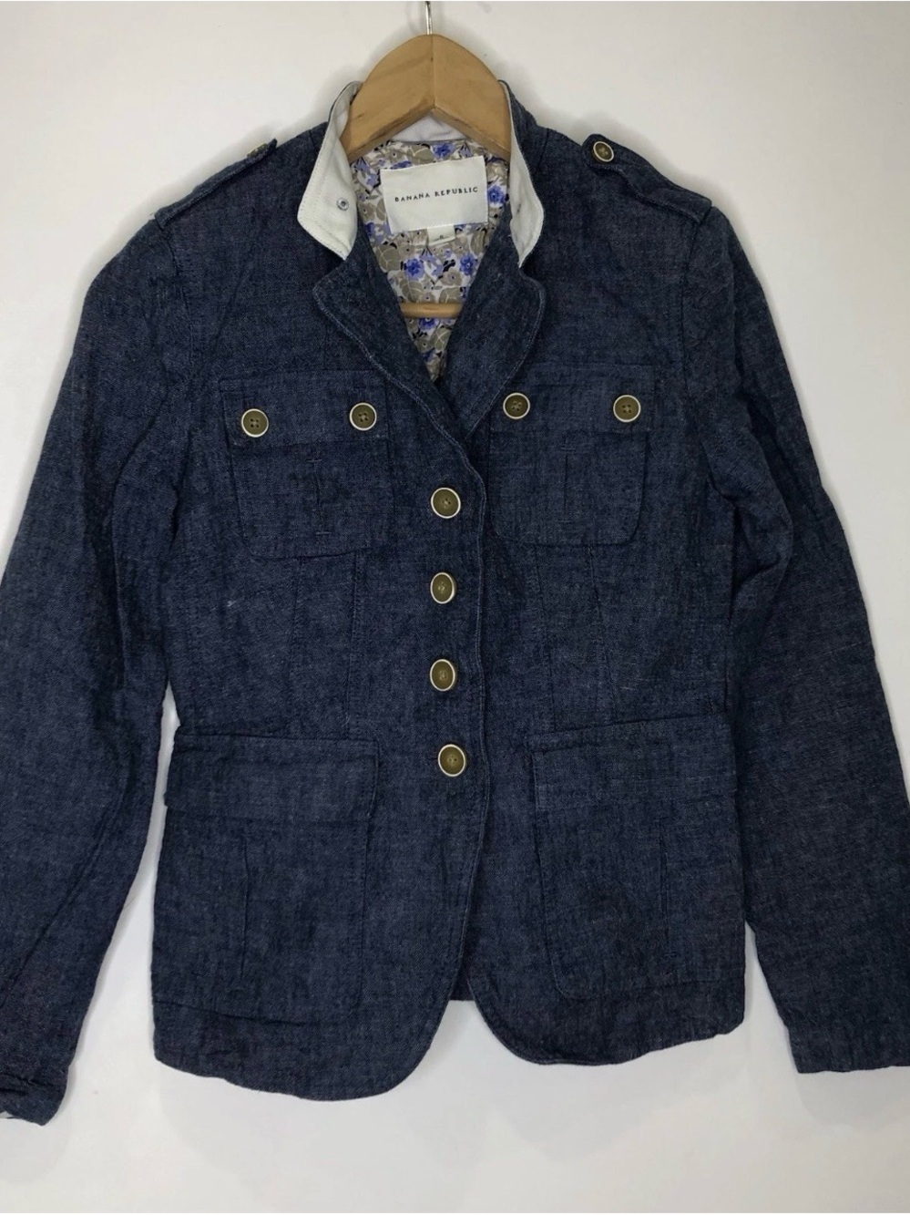 Banana Republic Blue Denim Color Linen Military Style Blazer Jacket Size 0